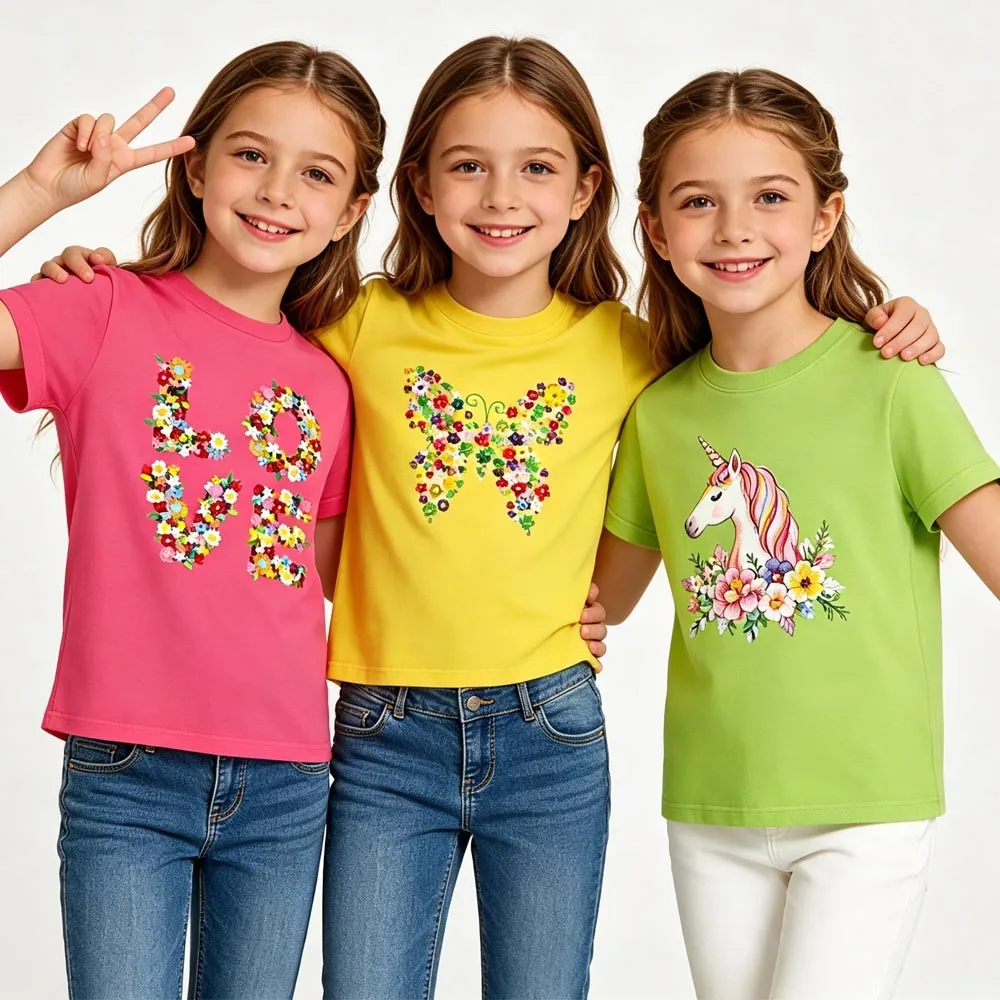 Girls Tshirts Teenage Toddler Baby 1 to 2 3 4 5 6 7 8 9 10 11 12 13 14 Years 100%Cotton Flower Unicorn Short Sleeve Kids T-Shirt