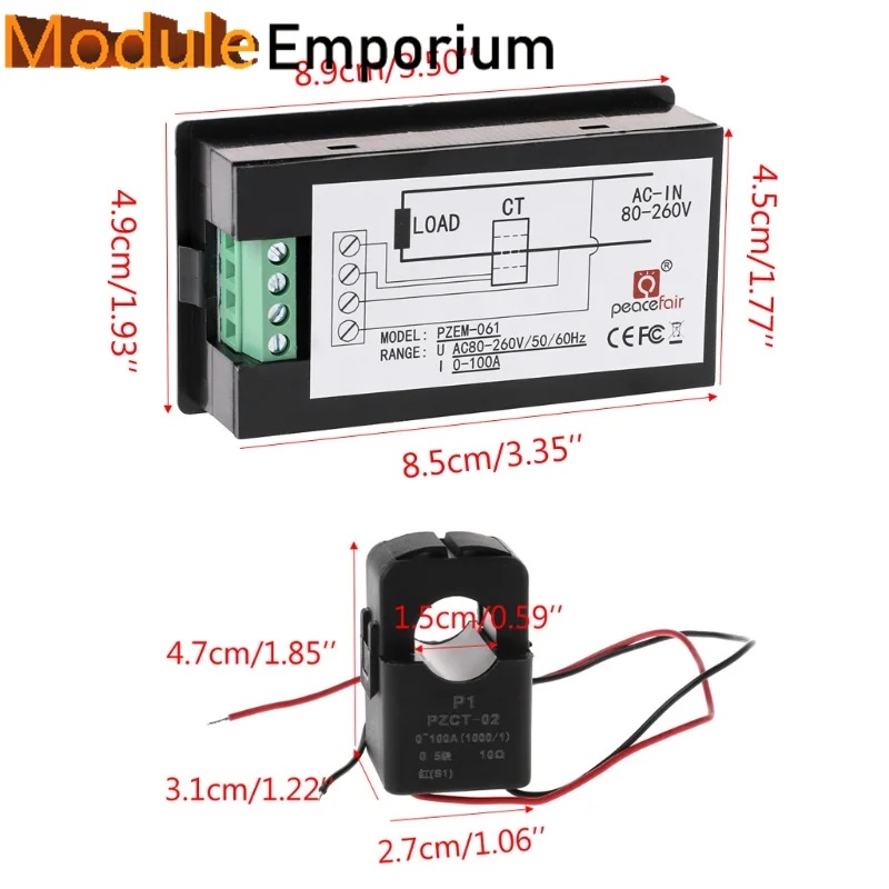PZEM-061 AC80-260V โวลต์100A มิเตอร์พลังงานวัตต์ในปัจจุบันพร้อม CT เปิด