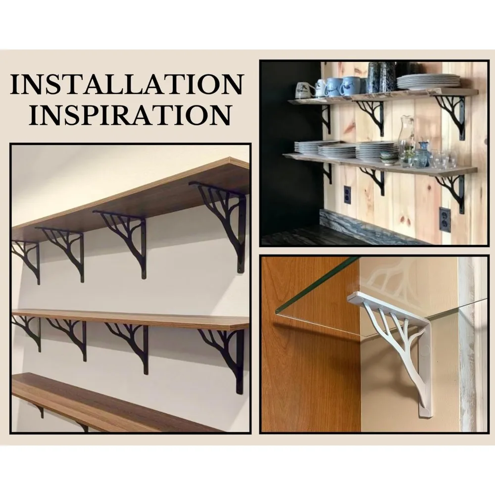 دعامات أرفف عائمة معدنية فضية مقاس 12 بوصة على شكل شجرة ريفية شديدة التحمل، دعامات على شكل حرف L من الحديد المزخرف لديكور المنزل