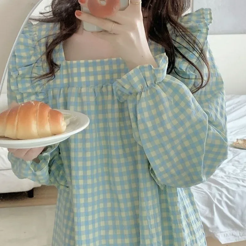 Plaid Sleepwear Women Nightgown Korean Ruffle Nightwear Autumn Night Dress Long Sleeve One Piece Pajamas Square Collar Home Wear