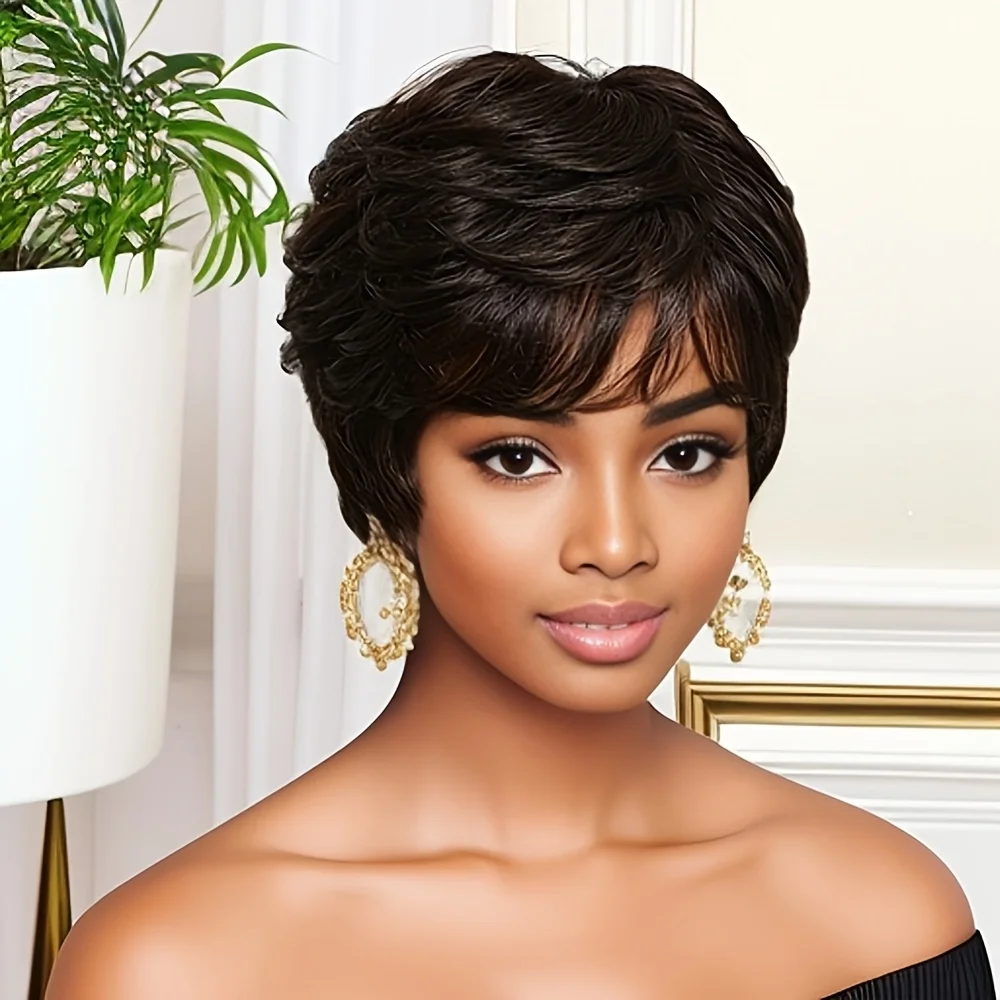 

short straight human hair wigs for women pixie cut human hair remy hair 6inch 150% density machine made natural black color