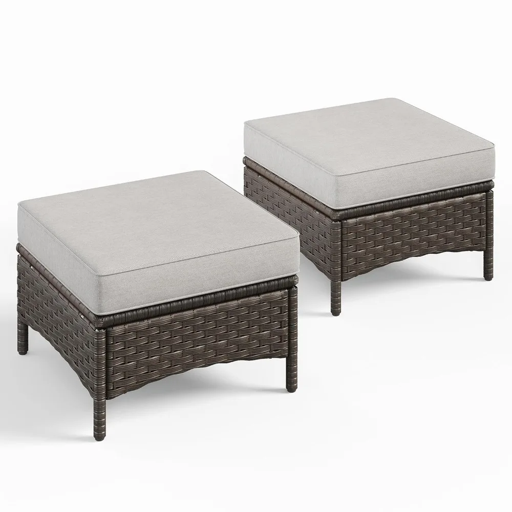 

Set of 2 Wicker Ottomans, 22.83" x 22.83" Outdoor Footrest with 4" Thick Large Cushions, All Weather Rattan Patio, Customized