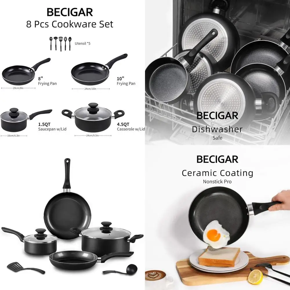 

8-Piece Black Nonstick Cookware Set: Pots, Pans, Frying Pans, Saucers, Spatula, and Ladle for Induction Cooking