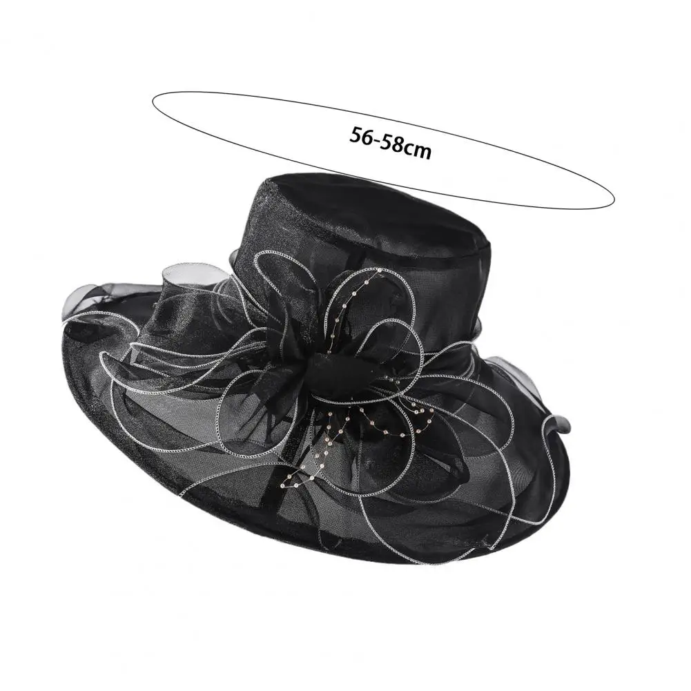 Sun Hat with Wide Brim Organza Flower Feather Decoration UV Protection Translucent Material Women Hat Headdress