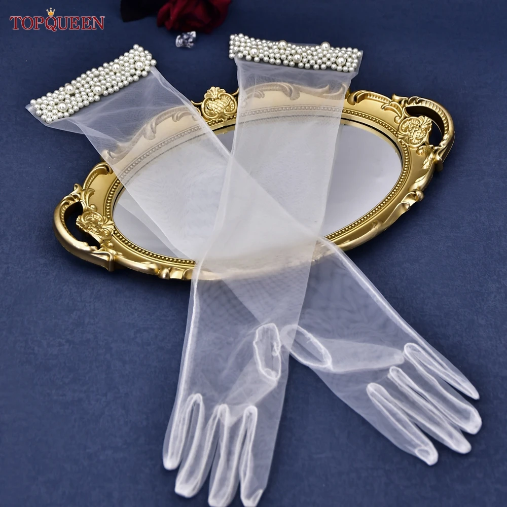 

TOPQUEEN VM01-A Wedding Gloves with Pearl Elbow Length Bridal Glove Finger Transparent Mesh DIY Bachelorette Party Accessories