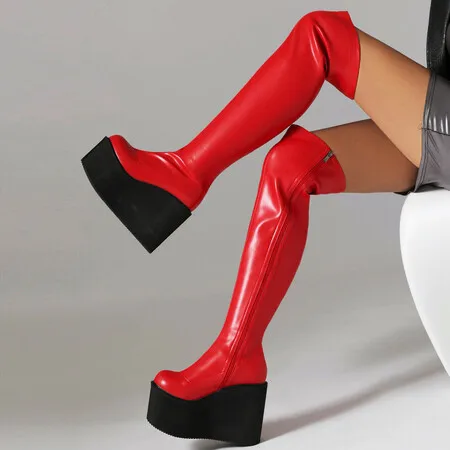 Platform Wedge Over Knee High Boots For Women Shoe 2024 Trends Black White Pink Heels Long Boot Winter Shoes Female Waterproof