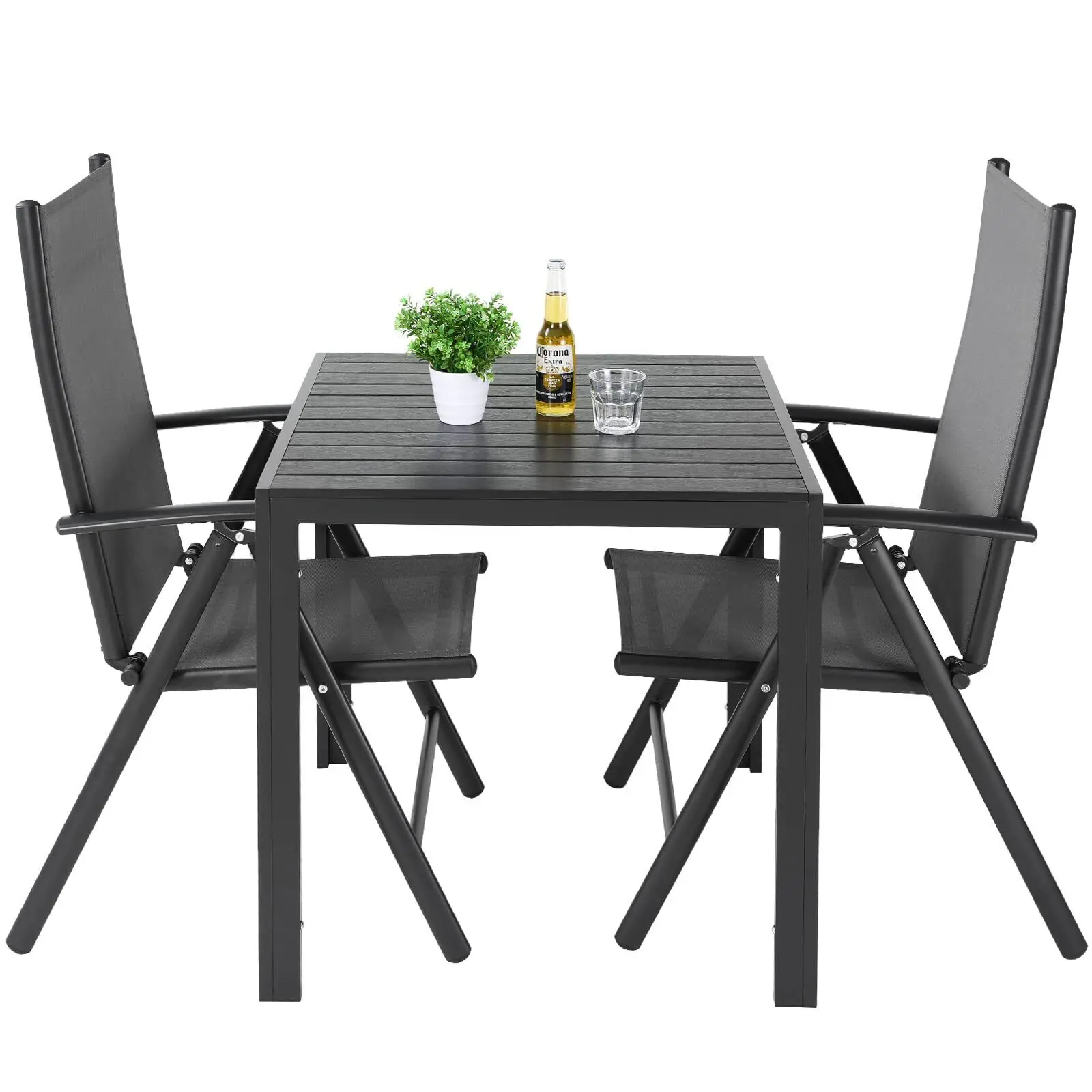 3Pcs Patio Dining Set, Outdoor Table and Chair Set Garden Backyard Poolside Deck with 2 Textilene Chairs,Adjustable Folding Back