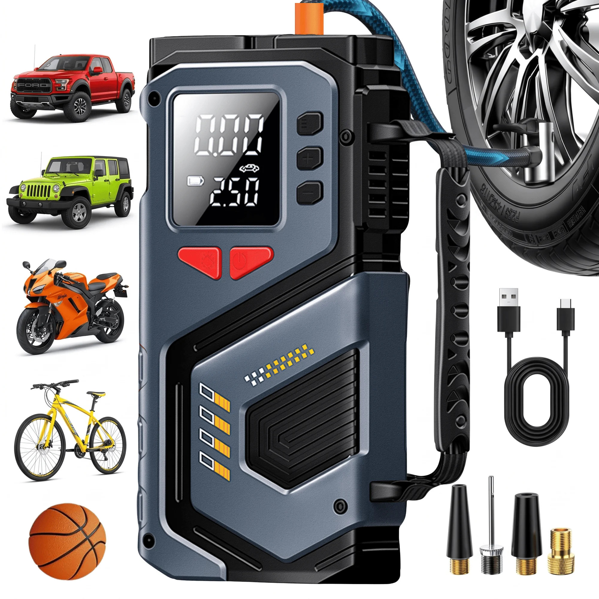 Fast Cordless Tire Inflator 150PSI Portable Air Pump Auto Shutoff Digital Gauge for Car Truck Motorcycle Bike Emergency Use