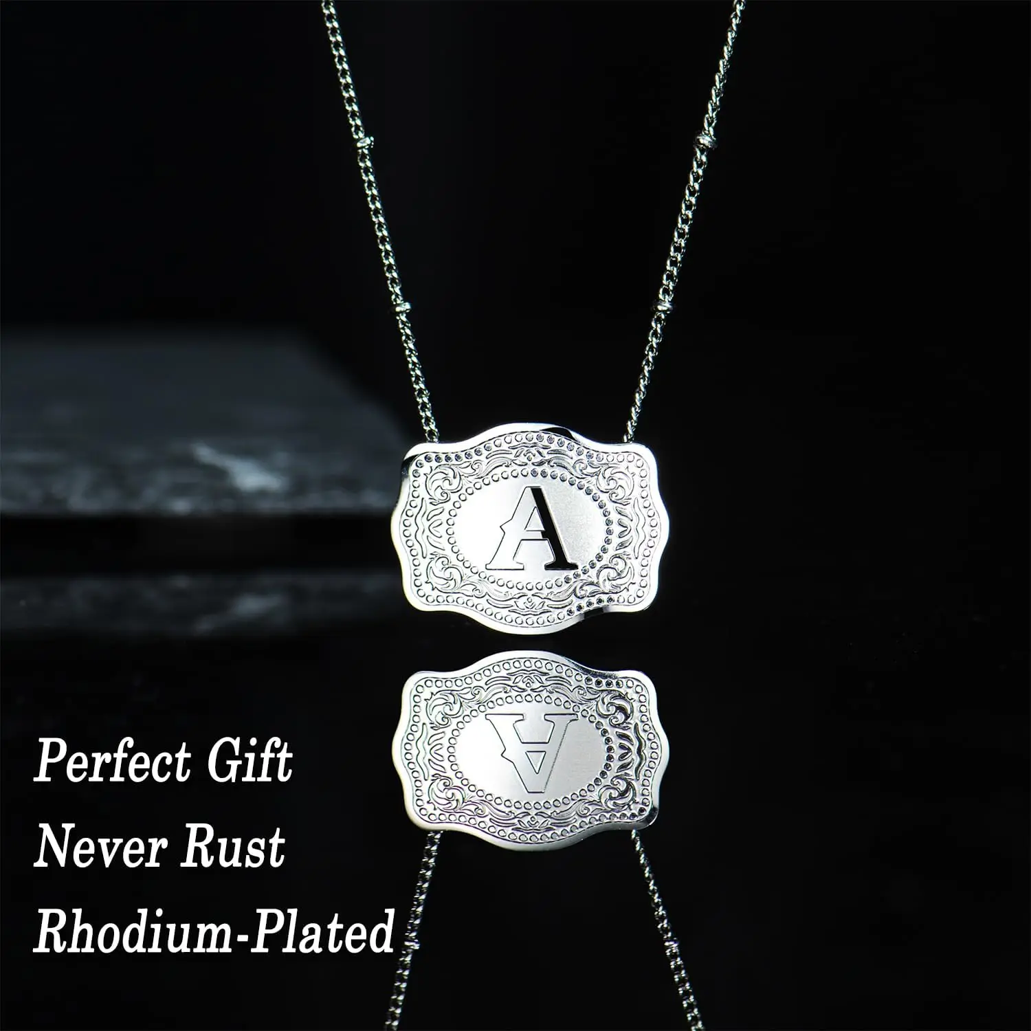 Rhodium-Plated Initial Letter Pendant Necklace with Embossed Belt Buckle, Free Chain Included, Personalized Necklace for Women