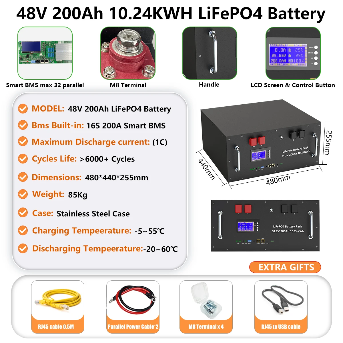 48V 200AH 150AH 100AH LiFePO4-Akku 51,2V 10KW Lithium-Solarbatterie wiederaufladbarer Akku 6000+ Zyklen für die Aufbewahrung zu Hause