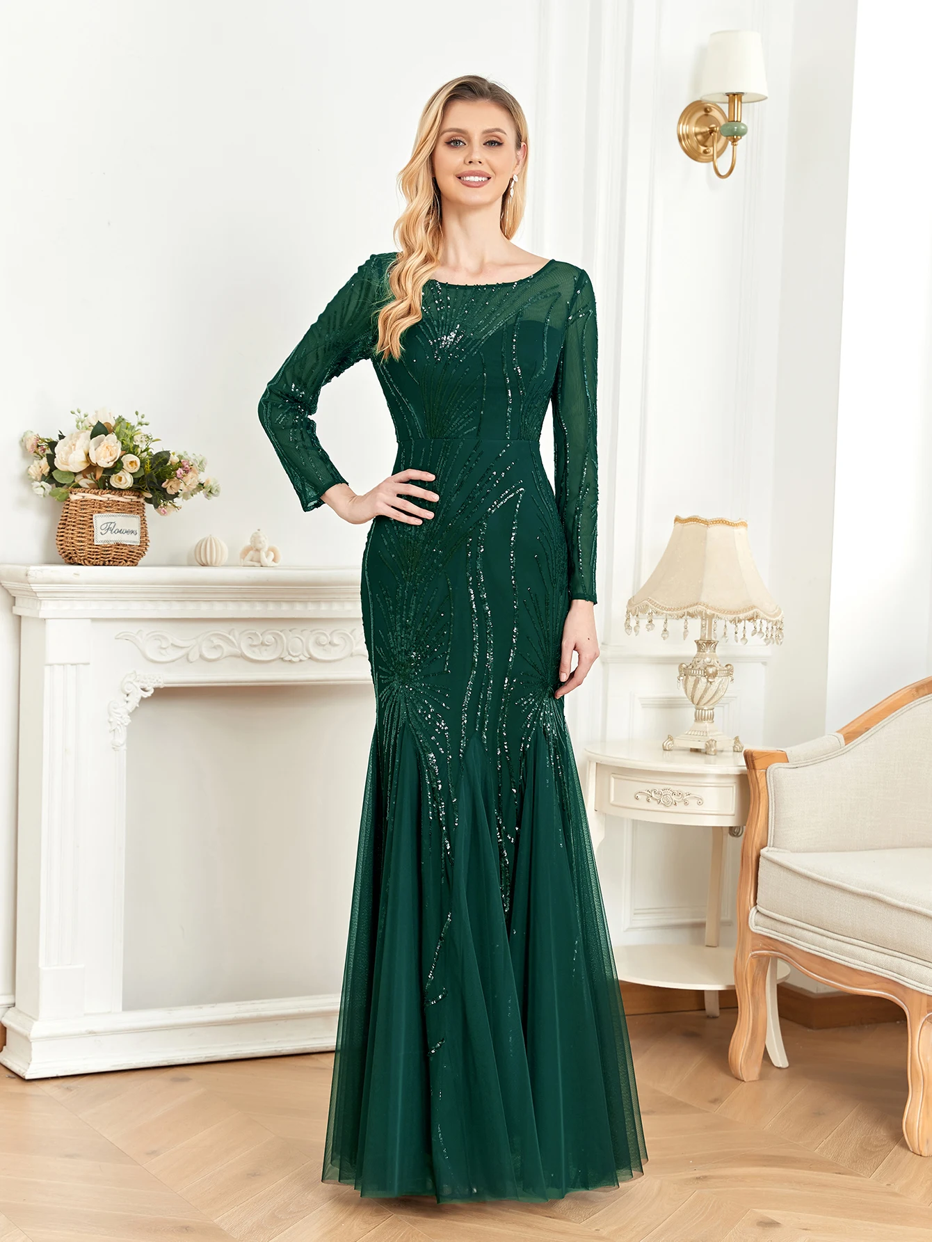 XUIBOL   Elegant Long Sleeve Sequin Tulle Dress for Party Luxury Evening Gown