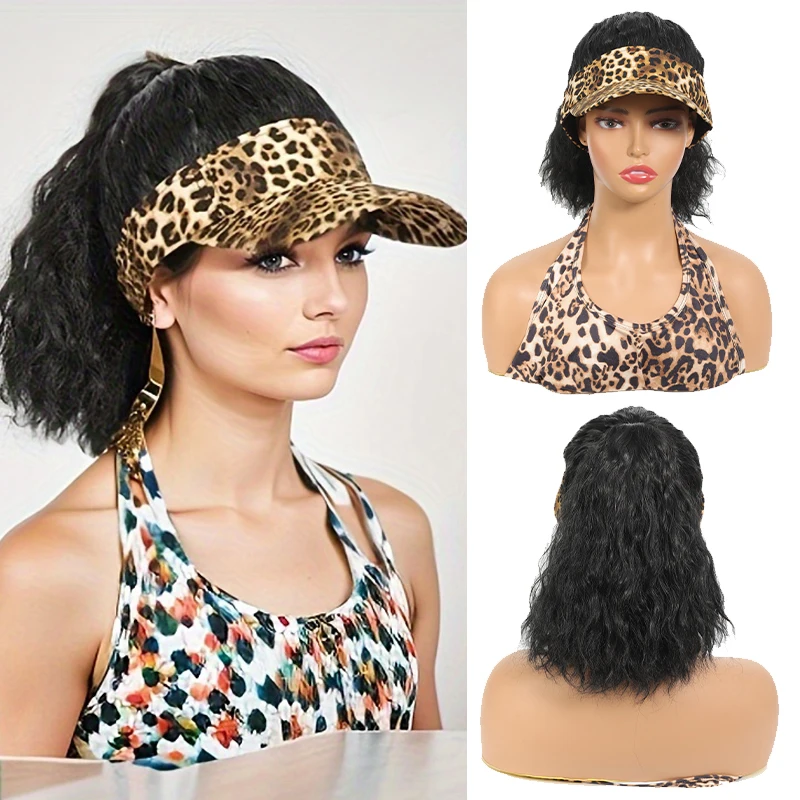 Leopard print empty top hat wig synthetic wig female wig hat wig heat-resistant easy to wear for daily use