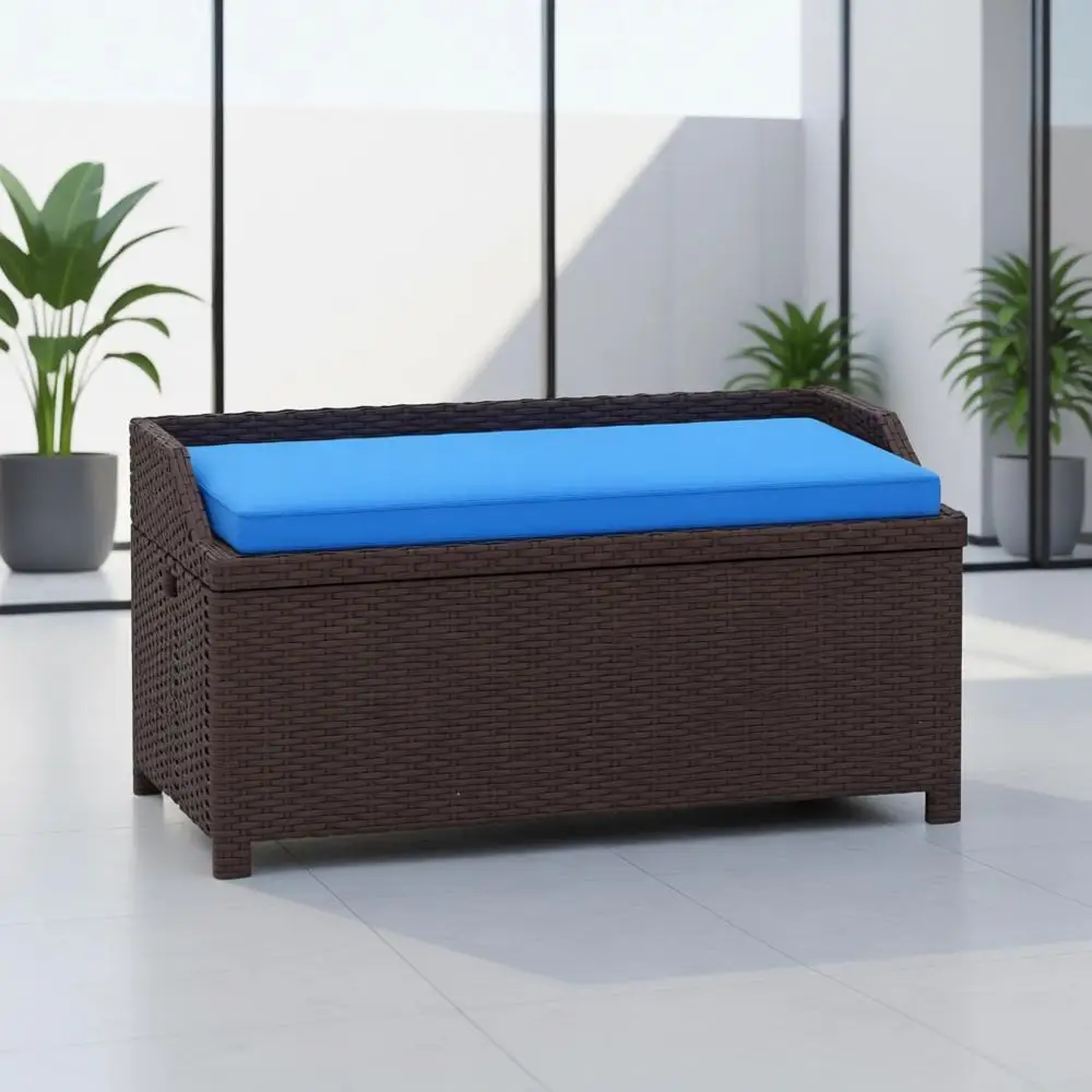 

Садовая плетеная скамья для хранения вещей с водонепроницаемым тканевым мешком и подушкой, темно-синяя