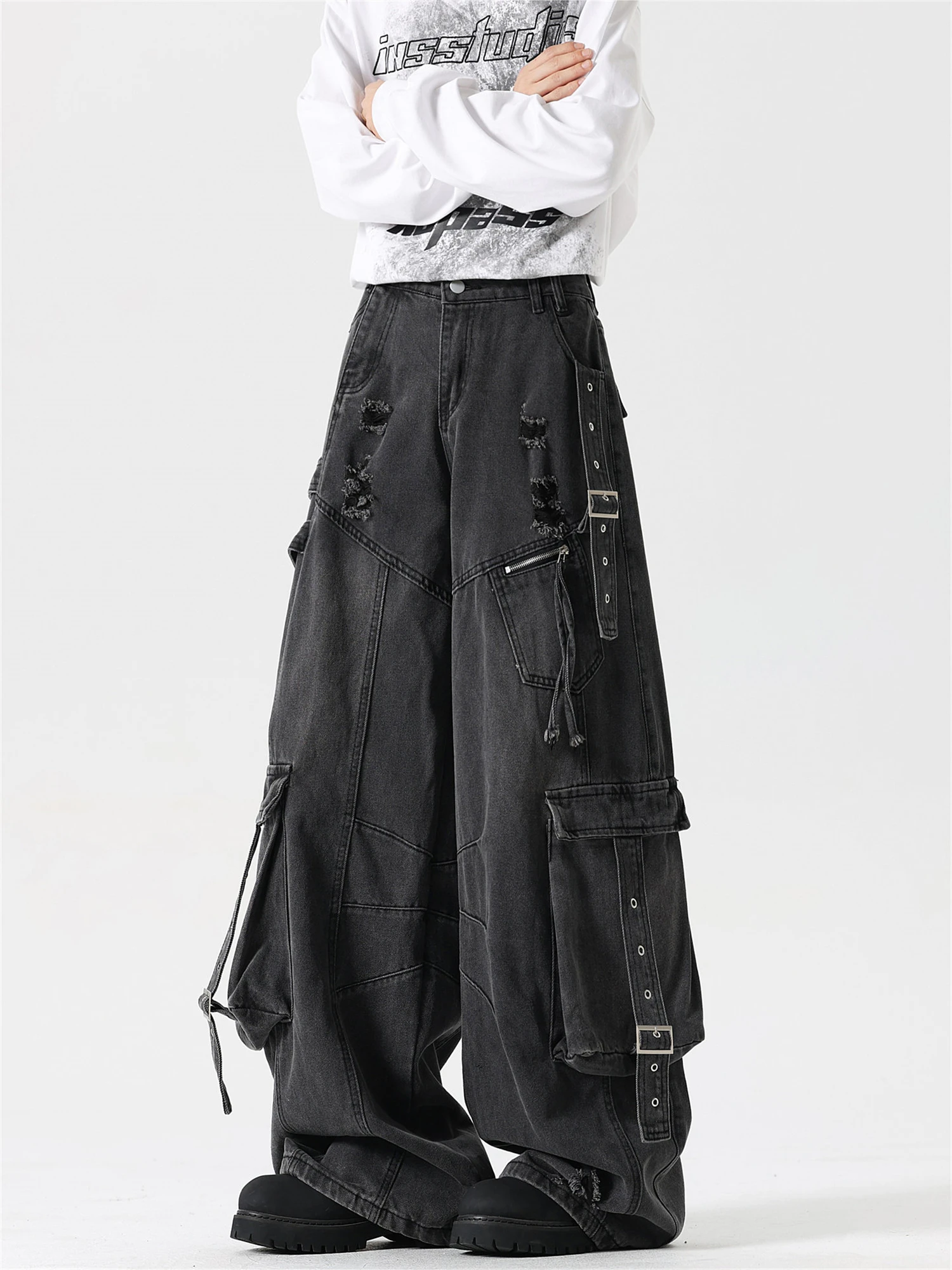 

Women's Oversized Wide Leg Denim Jeans Distressed Ripped Multi Cargo Pockets Vintage Wash Y2K Streetwear Ladies Pants