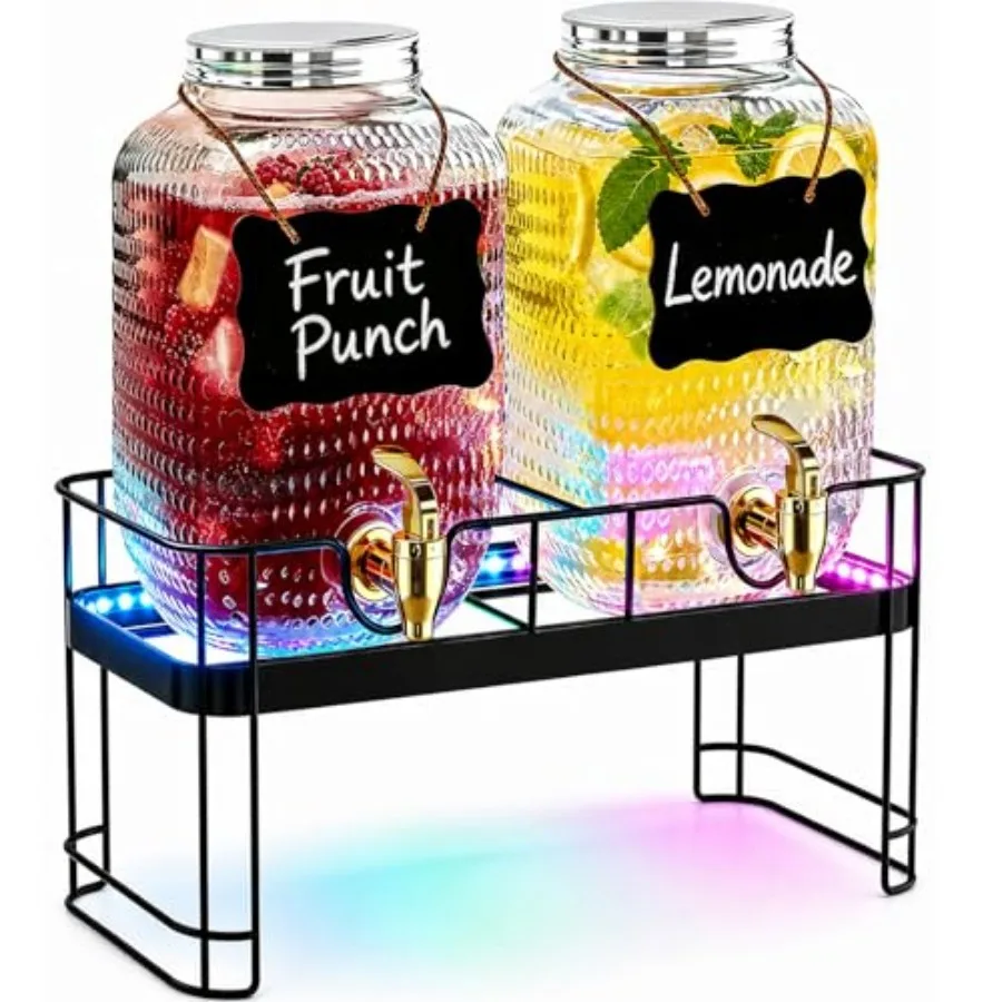 

Glass Drink Dispensers for Parties, 2 Pack Each Beverage Dispenser and LED Strip Light, Juice Lemonade Water Dispenser with Spi