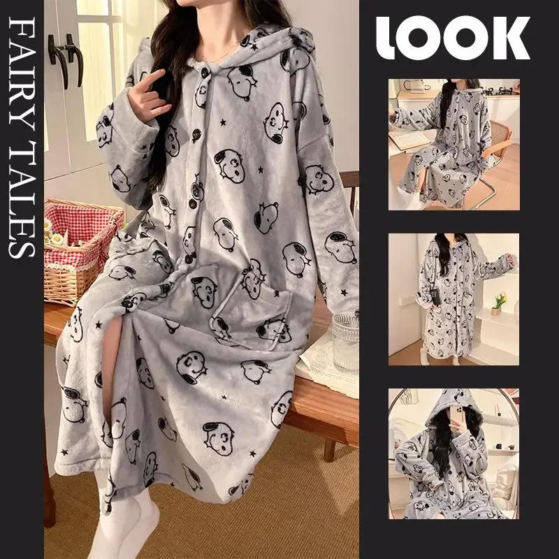 Camisón de terciopelo Coral con dibujos de maní para mujer, pijamas con capucha de Anime Kawaii Hello Kitty, ropa de hogar de longitud media para otoño e invierno