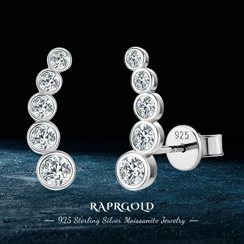

RAPRGOLD Earrings Climber with 0.43CT Bezel D Color Moissanite Piercing Studs 100% S925 Silver for Women Jewelry GRA Certificate