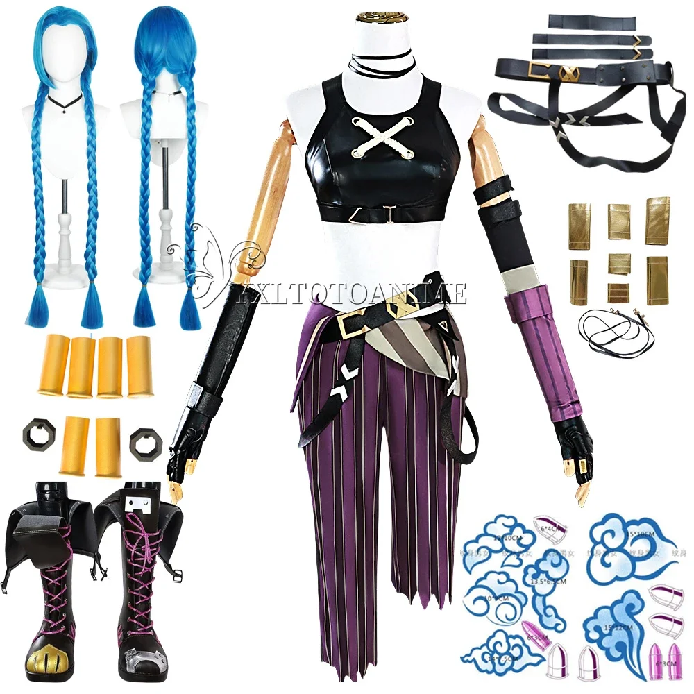 in stock LOL Jinx Cosplay Costume Anime LOL Arcane Jinx Cosplay outfit  Halloween Suit Halloween Costume jinx  wigs shoes