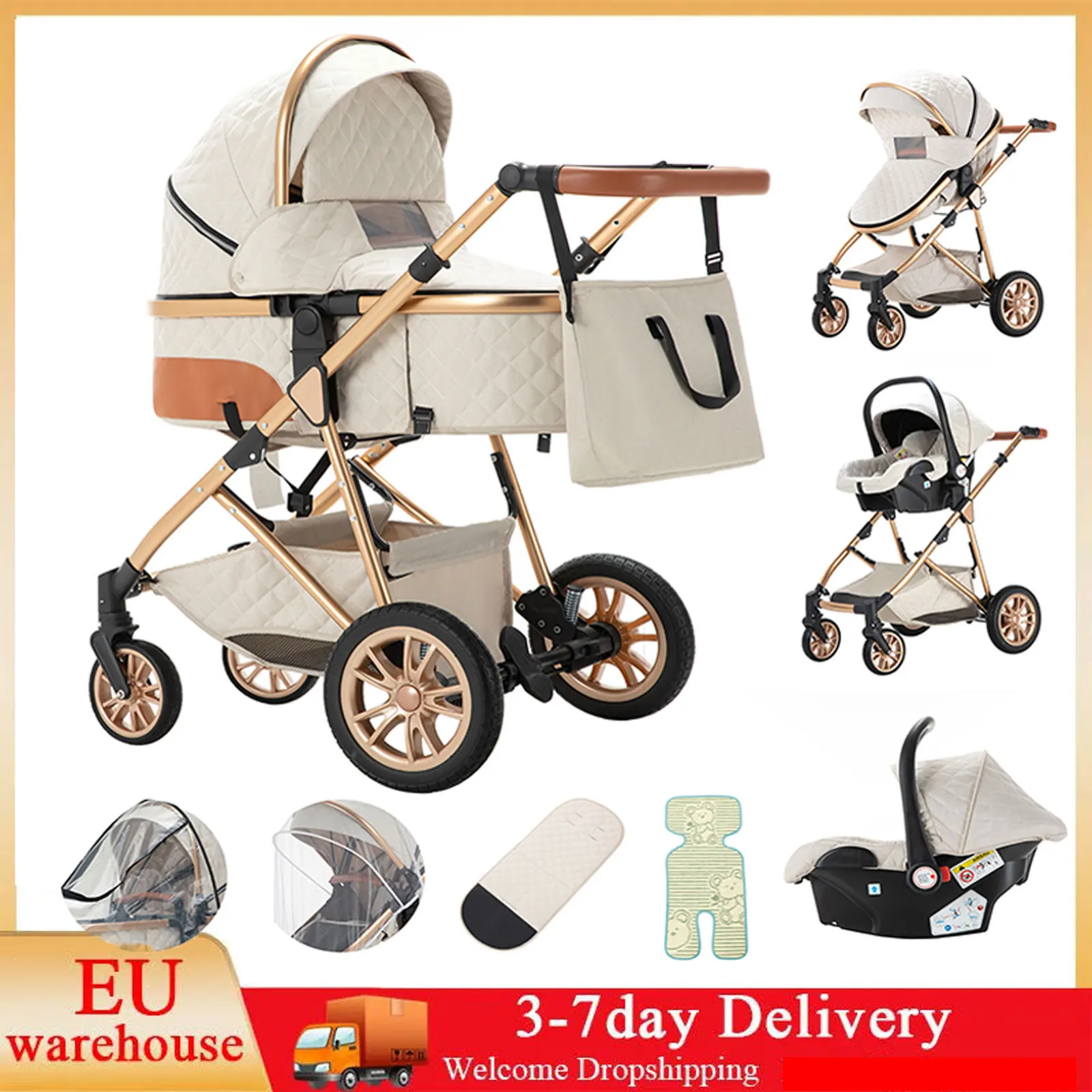 Baby Stroller 3 in 1 Multifunctional Stroller Easy Folding Travel Portable Baby Carriage Safety Seat EU warehouse