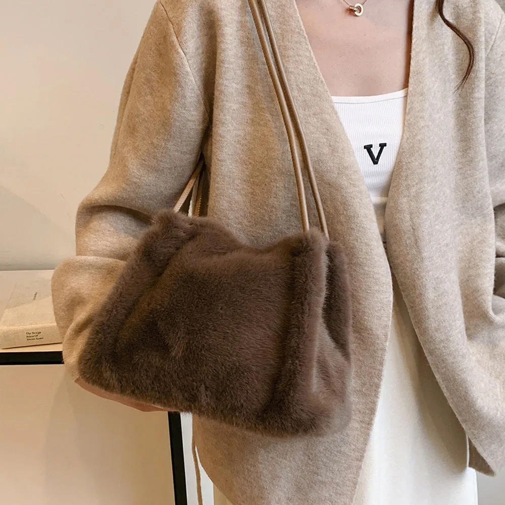 

Faux Fur Shoulder Bags For Women Luxury Designer Purses And Handbags Winter Warm Soft Plush Hobo Bags