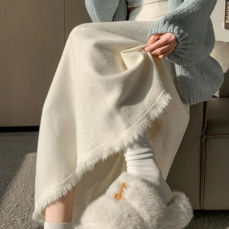 

Tassels Knit Skirt Women Autumn Spring Umbrella Skirt High-Waisted Mid-Length Skirts A-Line Kawaii Vintage Women Clothing
