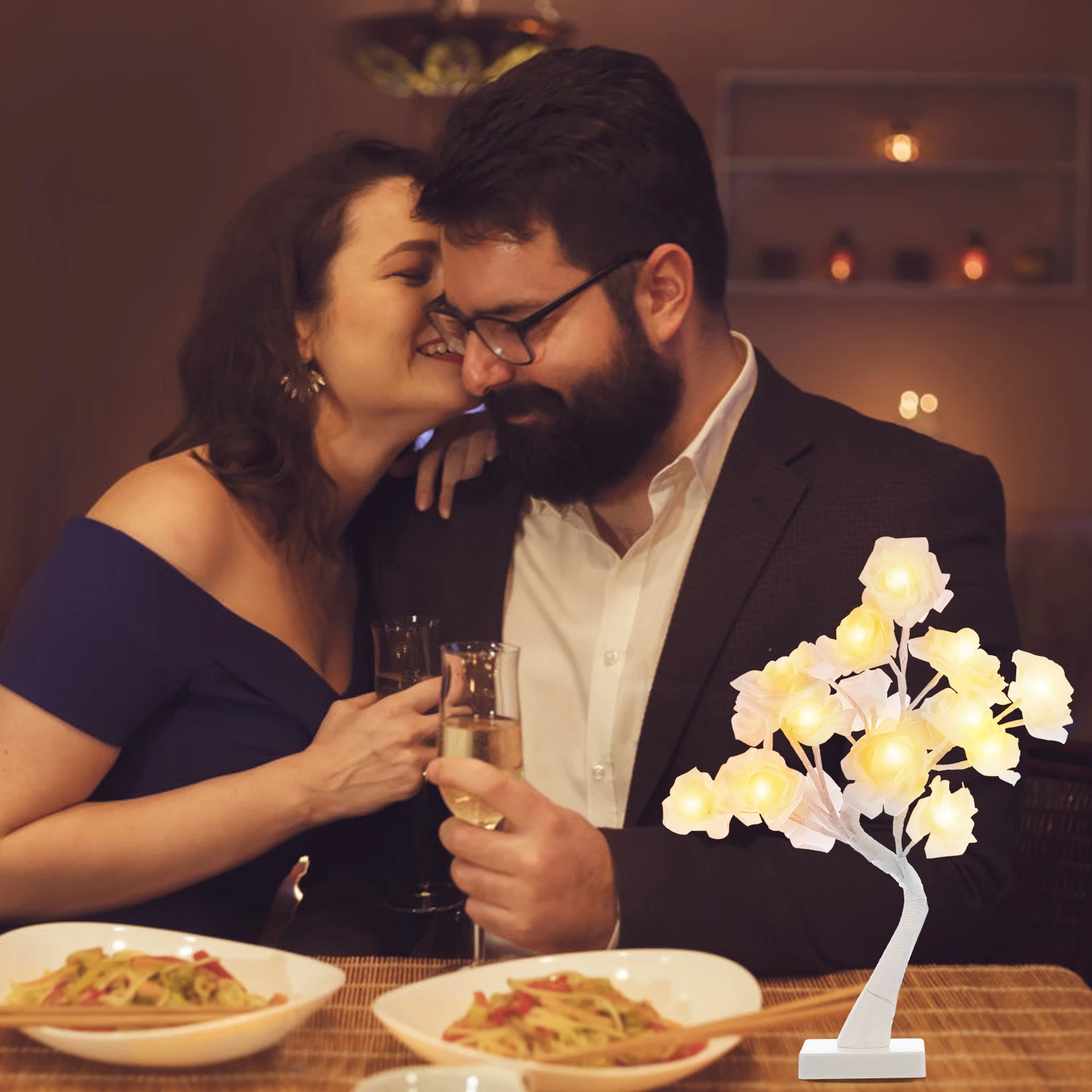 

1pc Led Rose Lamp Desktop Light Table Night Light Wedding Decorative Bedside Lamp Pe Simulation Flower Durable Long Time Use No