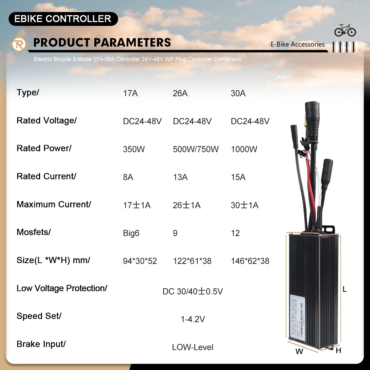 E-Bike 3 Mode Sinewaves Controller 17A26A30A Electric Bicycle Motor Brushless Controller 250W-1000W with LCD Display