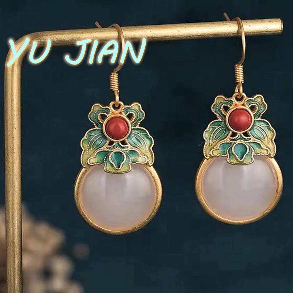 

Top Quality Natural Suet White-Jade Exquisite Gold Silk Jade National Style Painted Enamel Earrings Jadeite Ear-hewelry Jewelry