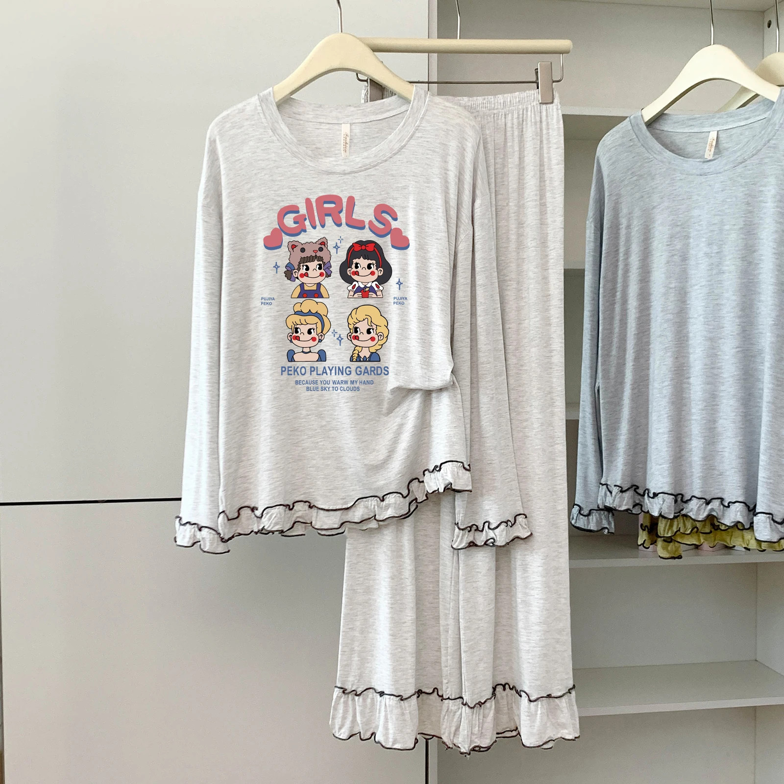 

5174-23 Модальные хлопковые пижамы с круглым вырезом и длинными рукавами для женщин, весенне-осенние тонкие свободные мягкие удобные домашние одежды