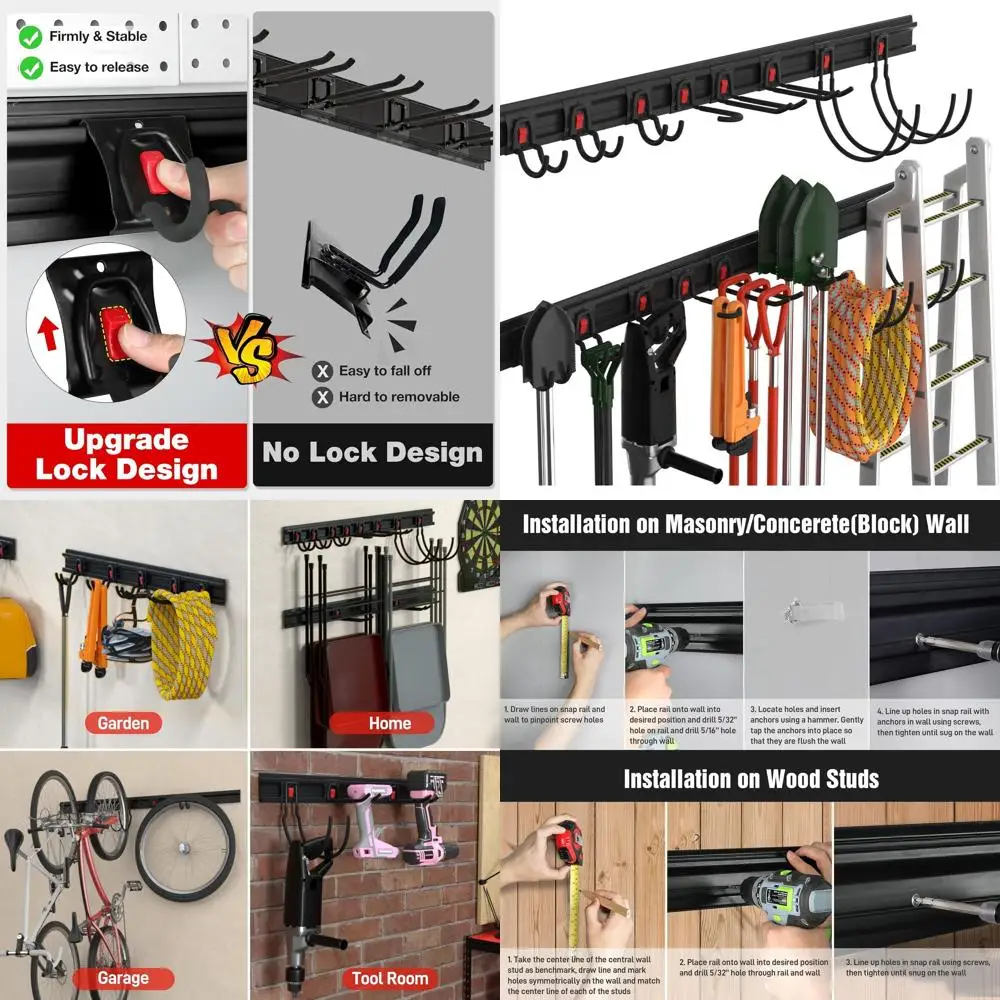 

64 Wall-Mounted Garage Tool Organizer with 4 Rails and 8 Hooks for Storage and Hanging