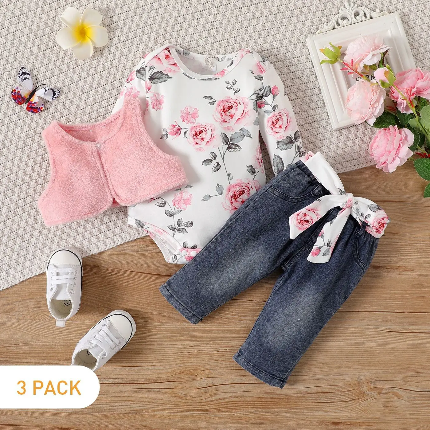 0-1 year old newborn baby girl spring and autumn floral print long sleeved bun hoodie+pink plush vest and pants set