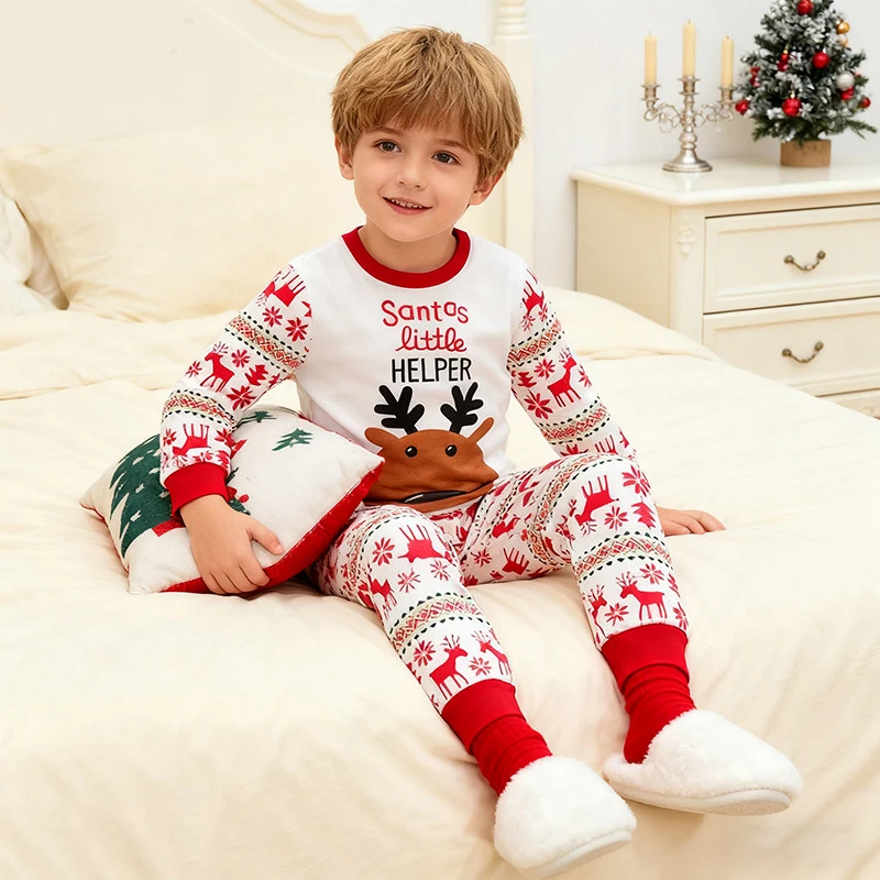 أعلى وأسفل مهرجان مجموعة الأيائل عيد الميلاد الكرتون البلوز مجموعات الطباعة الكاملة عيد الميلاد ملابس خاصة 2 قطعة سانتا كلوز زي منامة #2