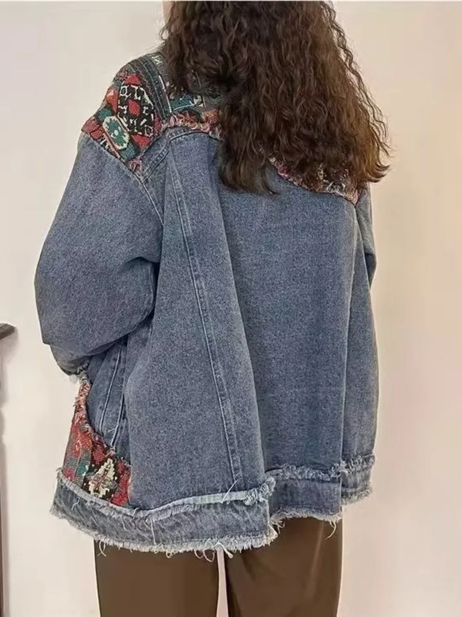 Vintage Boho Embroidery Denim Jacket Spring Autumn 2024 Long Sleeve Casual Loose Trend Folk-custom Stitching Raw Edge Jeans Coat