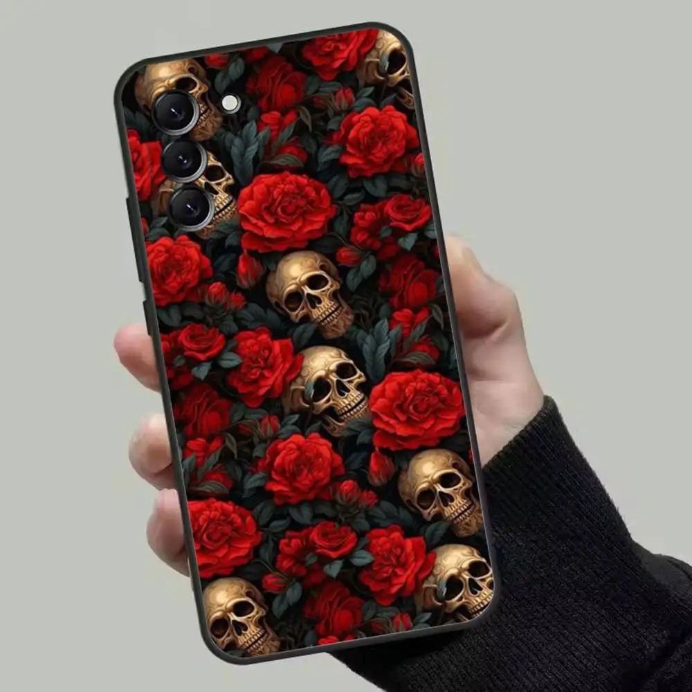 الجمجمة الأزهار الكرتون حالة الهاتف لسامسونج غالاكسي A13، A21s، A22، A31، A32، A52، A53، A71، A80، غلاف أسود ناعم