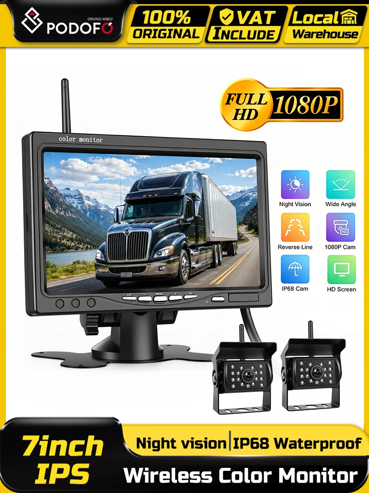 Podofo 7" Auto-Monitor und kabellose Rückfahrkamera mit Nachtsicht, 1080P, Rückfahr- und Parkhilfe mit 2 Kameras, störungsfrei, IP68 wasserdicht, für Wohnmobile, LKWs und Busse
