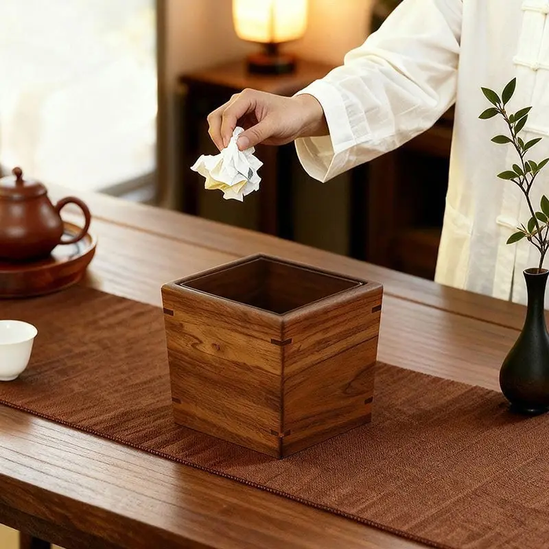 North American Black Walnut Solid Wood Desktop Trash Can Household Chinese Tea Room Waste Bin Living Room Mini Paper BasketZJ340