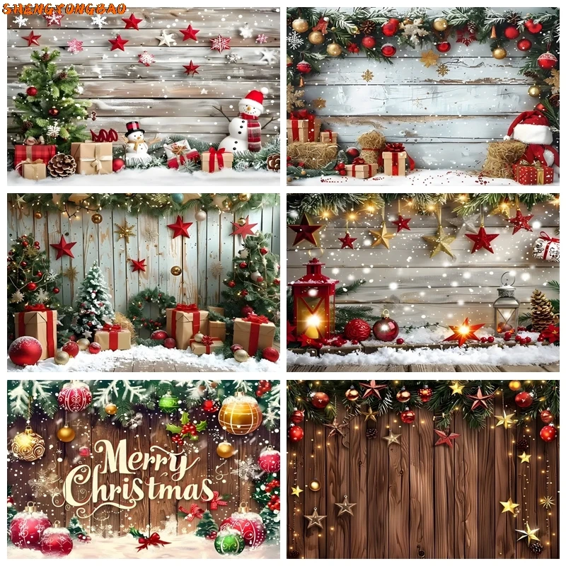 Country Style Wooden Board Christmas Backdrop Photography Xmas Tree Gift Baby Portrait Photographic Background Party Decor Props