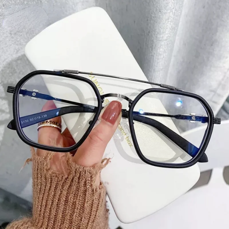 Mens Myopia Glasses Double Bridge Polygon Computer Eyeglasses Women Fashion Oversized Metal Frame Anti Fatigue Eyewear 0 To -600