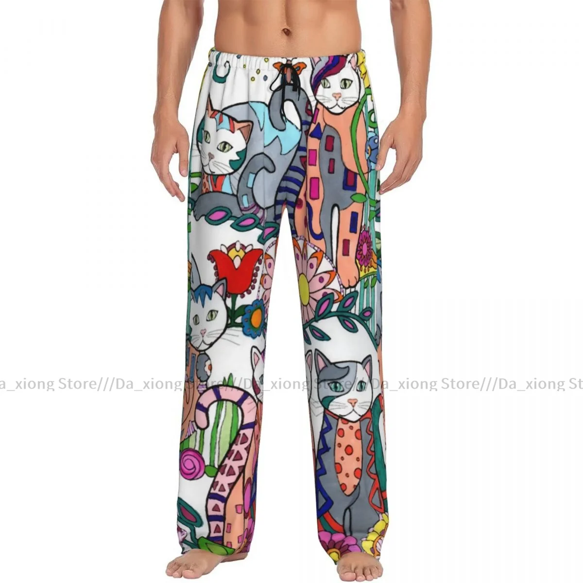 Mens Casual Pajama Long Pant Loose Elastic Waistband Cartoon Cat Pattern Cozy Sleepwear Home Lounge Pants