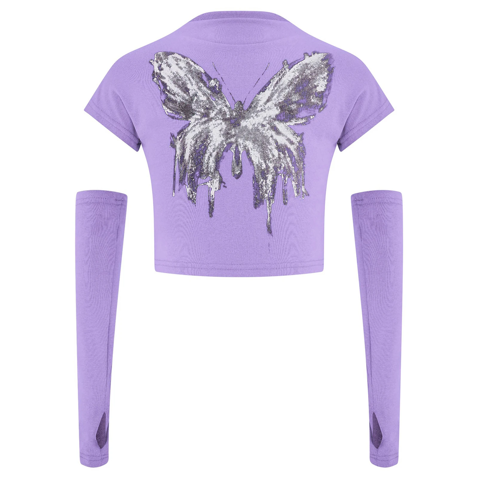 

Girls Vibrant Butterfly Jazz Dance Top with Thumbhole Gloves Mock Neck Sleeveless T-shirt for Hip Hop Dance Practice