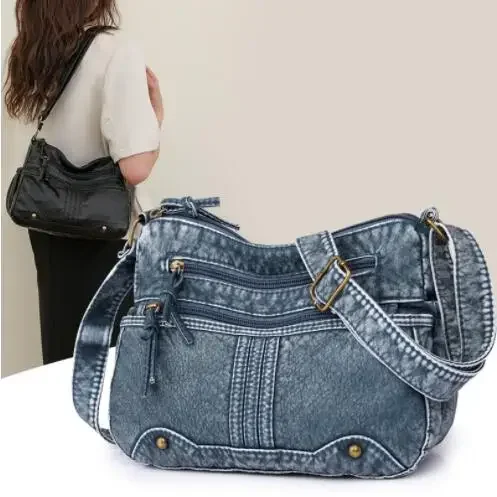 Female Medium Handbag Imitation Denim Blue Washable Leather Ladys Shoulder Bag Multi Pocket Women Work Wear Style Crossbody Bags