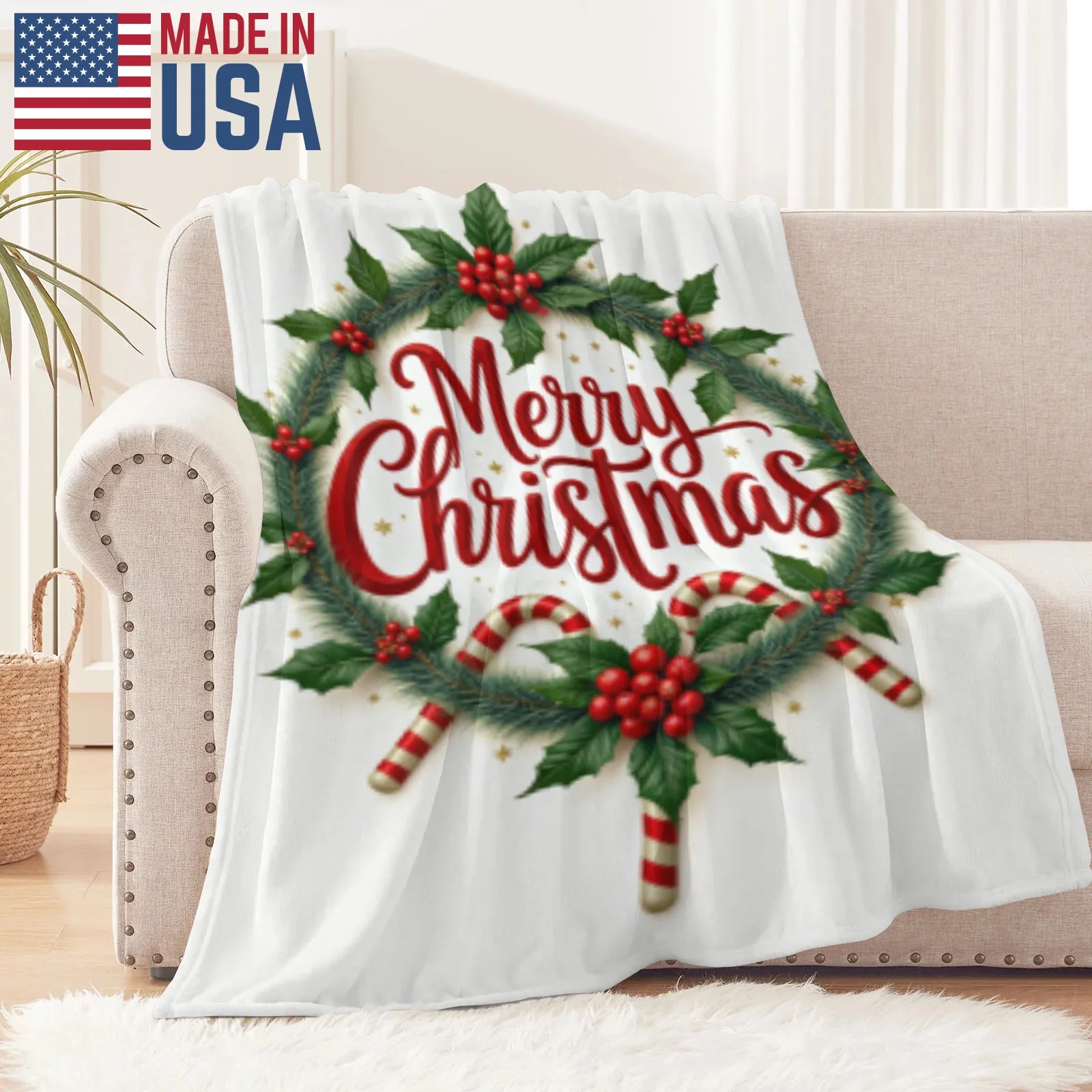 

Christmas Blanket Throw Christmas Throw Blanket White Merry Christmas Text With Holly Berries Candy Canes And Stars Print for Al