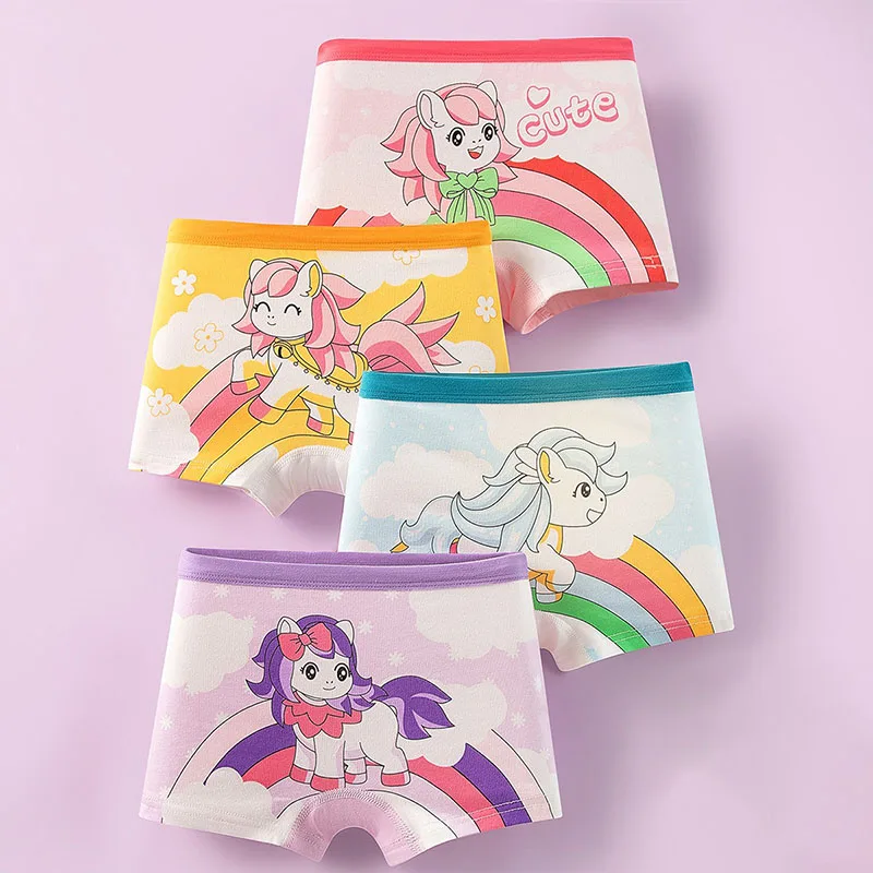 Ropa interior de 4 piezas para niña, Boxer cómodo de algodón para niño, pantalones cortos con dibujos de unicornio arcoíris, bragas cortas transpirables para niña