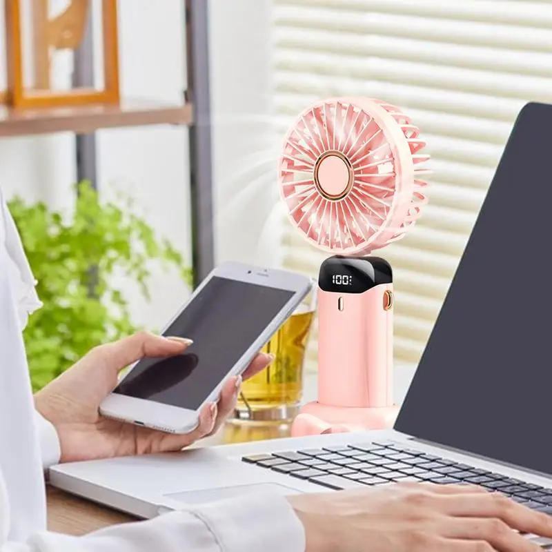 Ventilador portátil portátil com suporte do telefone, ventilador pessoal dobrável, display digital LED, ventilador recarregável USB, 5 velocidades