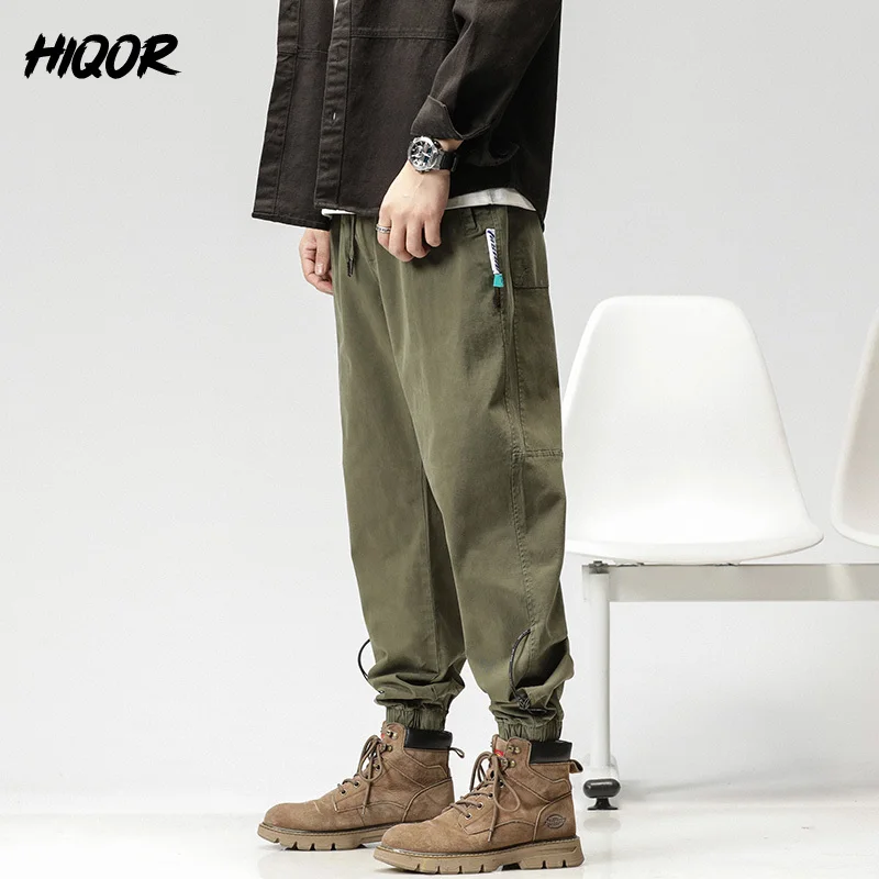 HIQOR 2023 New Autumn Trousers Fashion Straight Casual Men\'s Baggy Overalls Work Pantalones Harem Elastic Waist Pants Grey Khaki