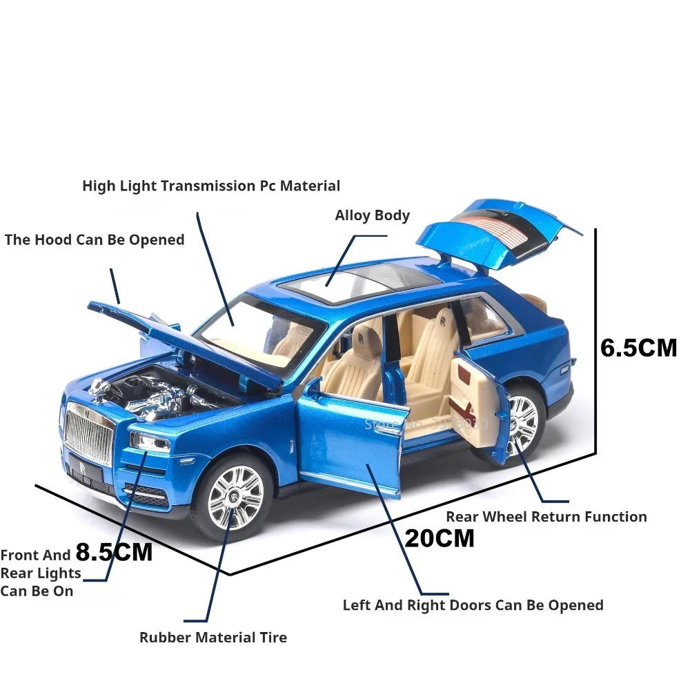 1/24 Rolls-Royce Cullinan SUV Toy Car Model Alloy Diecast with Pull Back Function and Sound Light Toys Vehicle Children's Gifts