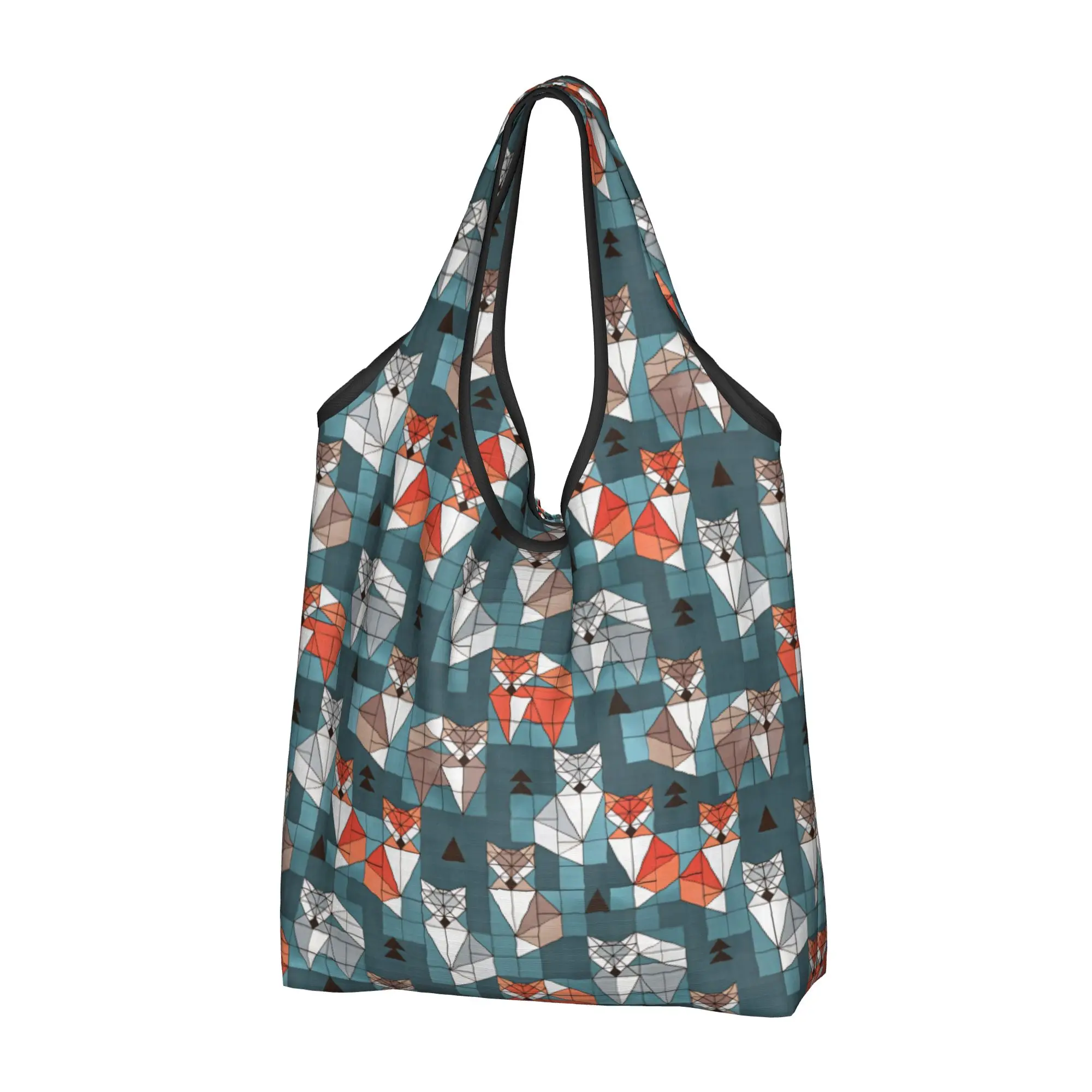 Small Scale Blocked Geometric Fox Groceries Shopping Bags Funny Shopper Tote Shoulder Bags Big Capacity Portable  Handbag