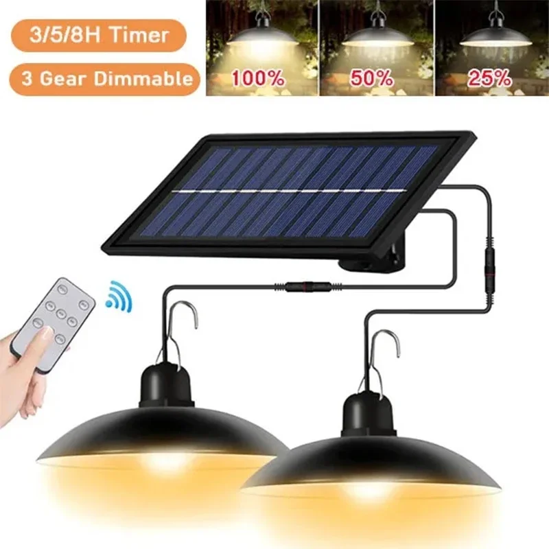 

Solar Pendant Light Outdoor Waterproof LED Lamp Double-head Chandelier Decorations with Remote Control for Indoor Shed Barn Room