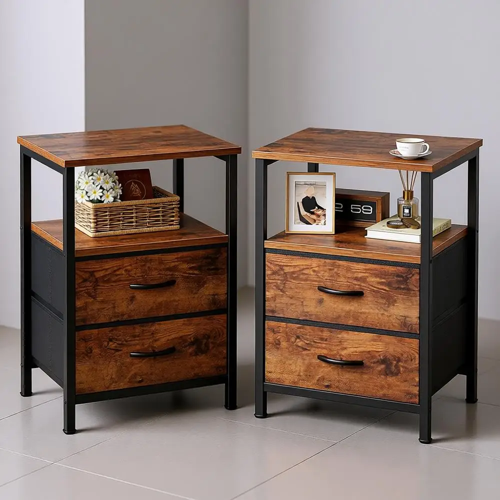 

Night Stand Set of 2, Nightstand with 2 Drawers, Bed Side Table with Open Shelf, Wooden Top, End Table, Fabric Drawer, for Bedro