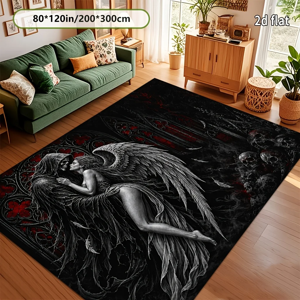 1pc Dark Gothic Velvet Rug, Grim Reaper & Angel Kiss Pattern, Lightweight, Soft, Durable, Machine Washable, Non-Slip Backing